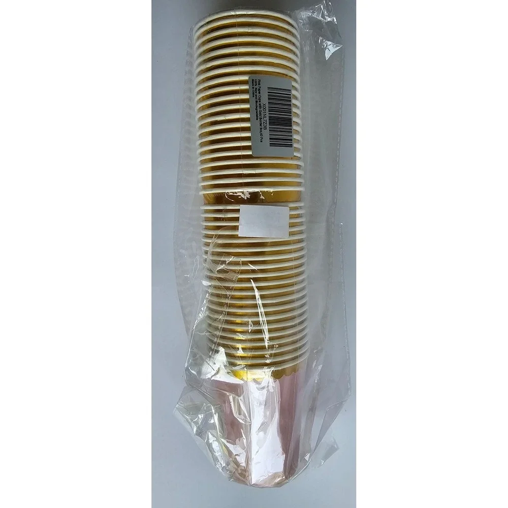 Pink Paper Cups with Gold Scalloped Border 9oz 40 Pcs Biodegradable Party Cup